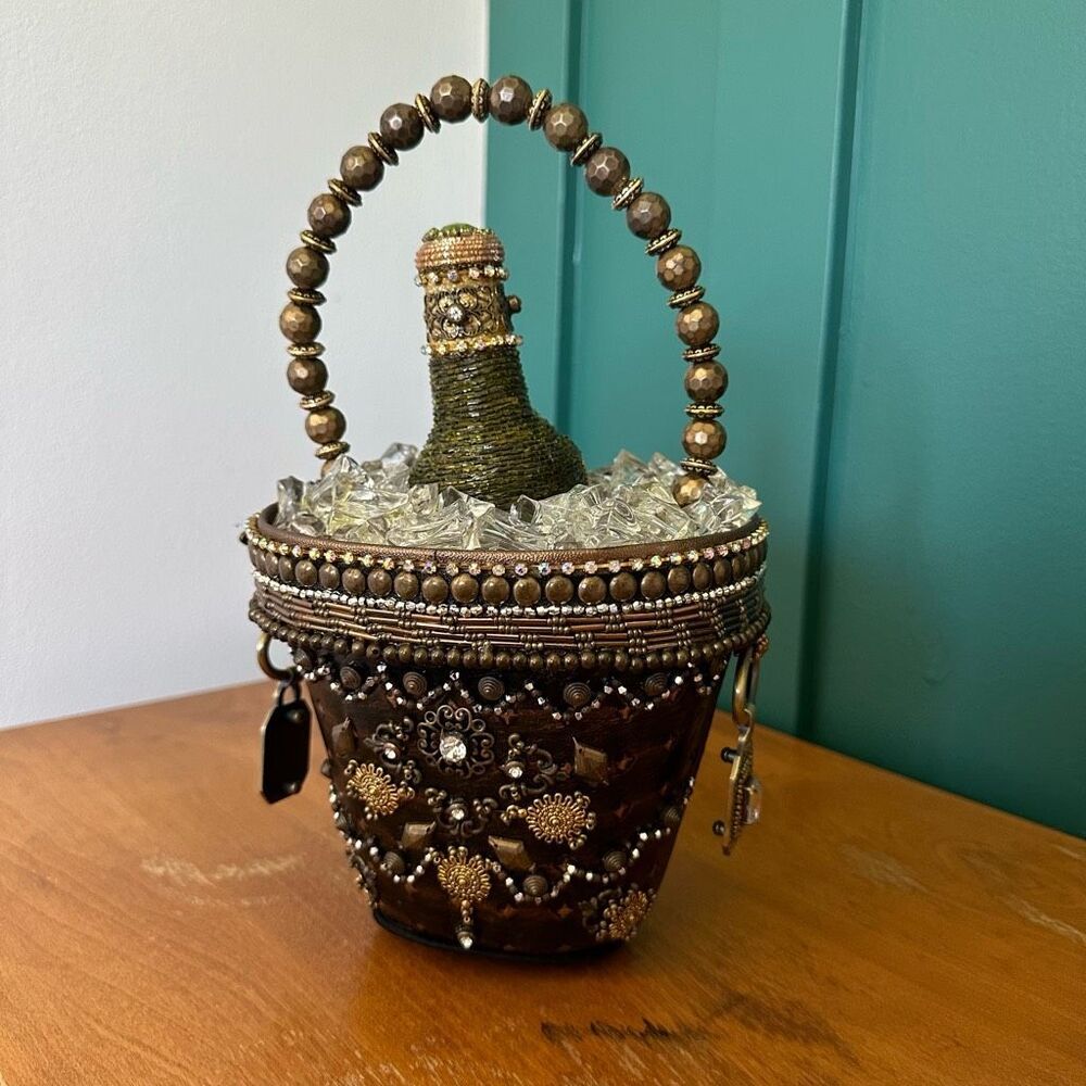 Mary Frances Brown Beaded CHAMPAGNE Bucket Bag with Gold Accents 🍾 🥂 - Picture 7 of 16